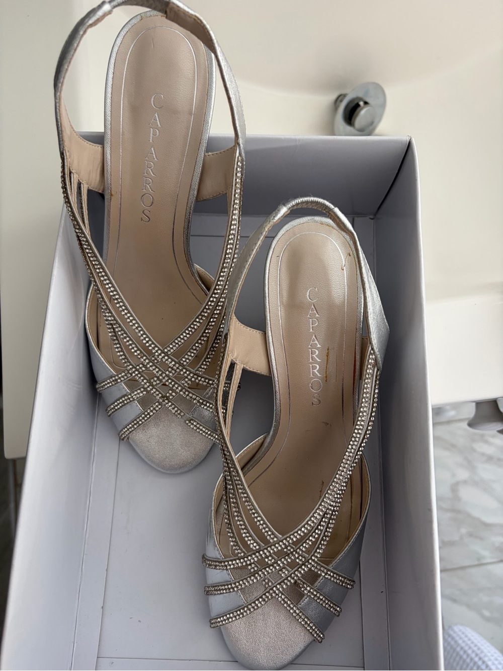 Caparros Silver Crystal-Strap Slingback Heels